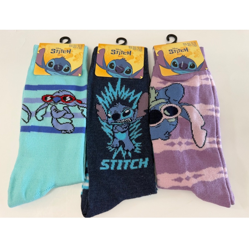 Disney Lilo & Stitch Crew Socks 3 Pair Bundle Blue Purple Navy New NWT 6.5-12